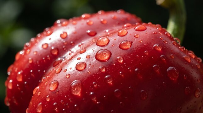 Close-up of a vibrant red bell pepper covered in glistening water droplets