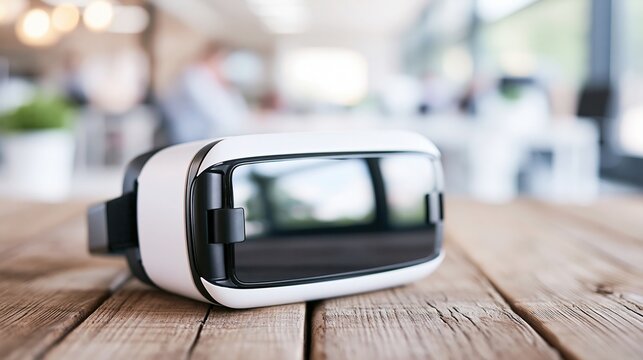 Immersive Virtual Reality Headset Resting on Rustic Wooden Table in Modern Office Environment