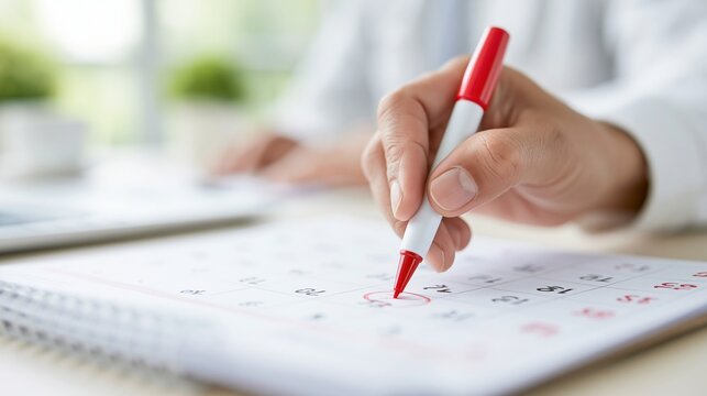Close-up of a hand marking a date on a calendar with a red pen, symbolizing planning and organization.