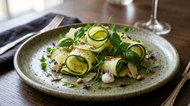 Elegant zucchini ribbons salad with fresh basil and pine nuts