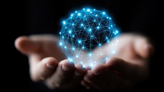 Human hands gently cradling a glowing blue digital sphere composed of interconnected nodes and lines against a dark background