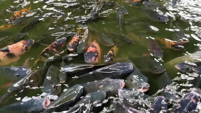 Feeding tilapia and goldfish. Healthy freshwater fish species are in the fish pond. Close up