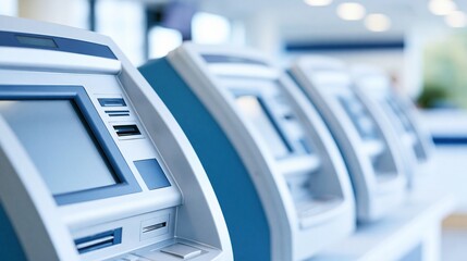 Obraz premium Row of modern self-service ATMs lined up in a bank or financial institution lobby, displaying screens