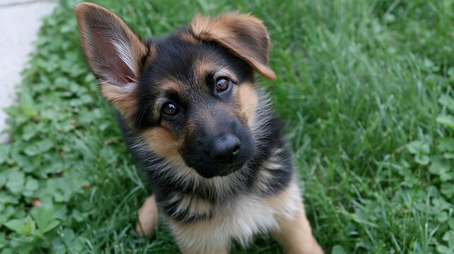 Adorable German Shepherd puppy looking up curiously with one ear perked in green grass