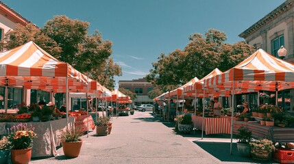 Obraz premium Vibrant Outdoor Farmers Market Scene with Colorful Stalls and Fresh Produce on a Sunny Day