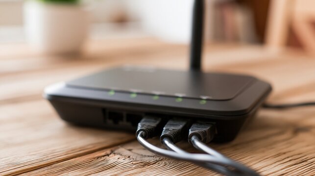 Close up of a black wireless internet router connected with Ethernet cables on a wooden desk