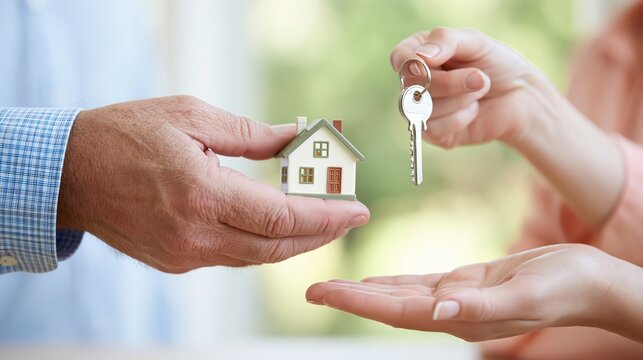 Handing Over Tiny House Model and Key Symbolizing Homeownership Transfer and Real Estate Transaction