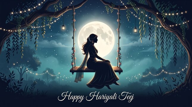 Woman sitting on swing under full moon celebrating hariyali teej festival