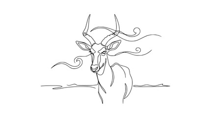 Elegant single line drawing of an antelope with flowing mane and abstract swirls, white background © Free Account
