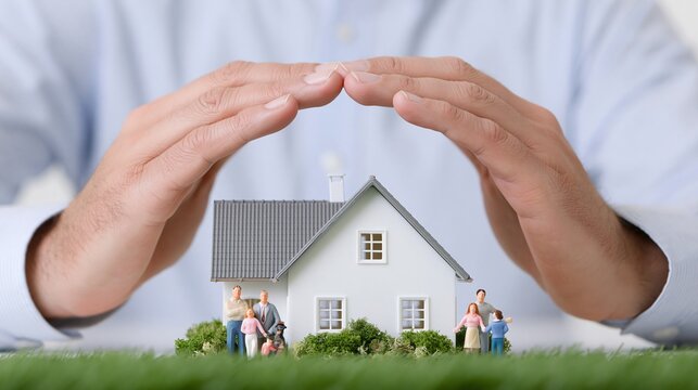 Hands Cupping Miniature House and Family Figures Representing Homeownership Protection and Security