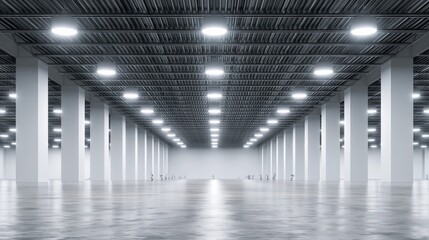 Obraz premium Expansive, brightly lit industrial warehouse interior with modern architectural design and polished concrete floor