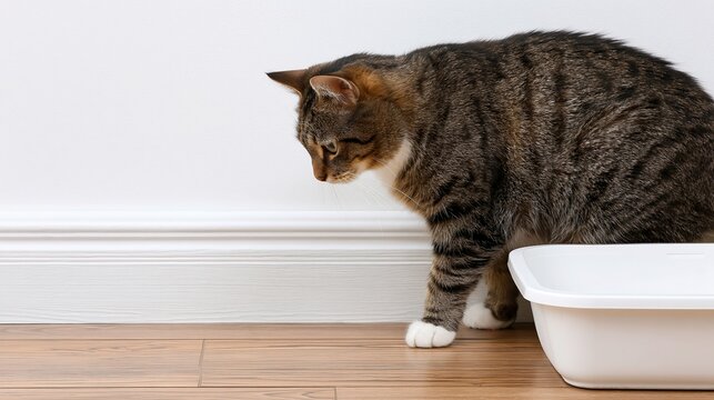 Tabby Cat Hesitates Near White Litter Box on Wooden Floor Beside White Wall