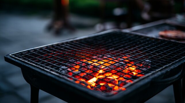 Glowing Charcoal on an Outdoor Grill Preparing for a Barbecue Cookout in a Beautiful Suburban Backyard Setting with Soft Evening Lighting