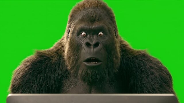 Gorilla Feigning Work Focus While Reacting with Paranoia to Unseen Suspense.