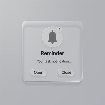 Liquid glassmorphism reminder notification ui with bell icon and action buttons vector illustration