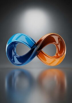 Gleaming Infinity Symbol: Blue & Orange Fluidity, Reflective Depth, Dramatic Lighting.