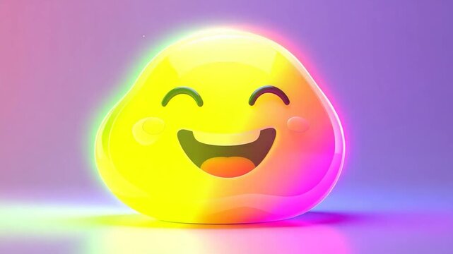 A glossy, smiling emoji with vibrant gradient colors against a purple background