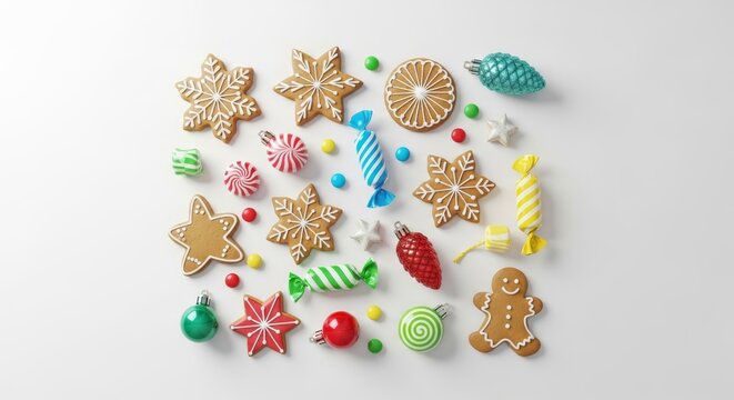 Vibrant festive flat lay featuring assorted holiday cookies, colorful hard candies, and sparkling ornaments on a clean white surface, treats, cookies, top view