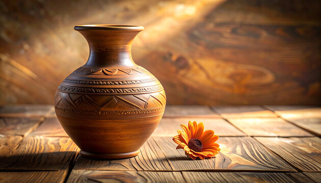Earthenware vase with floral accent on rustic wooden surface