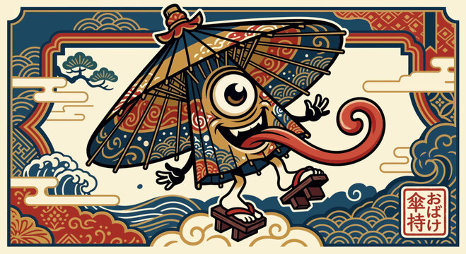 Japanese folklore umbrella monster with long tongue, wearing sandals, pixel art style