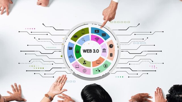 Diverse Hands Gathering Around a Circular Diagram of Web 3.0 Technologies Representing Digital Innovation and Collaboration in a Modern Workspace. Entropy.