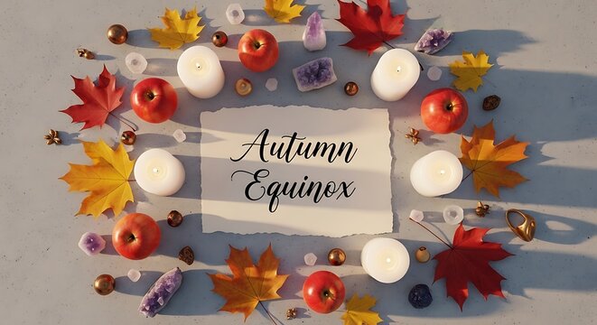 Autumn Equinox flat lay arrangement with red apples white candles autumn leaves and crystals on neutral background