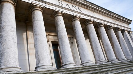 Obraz premium Neoclassical Bank Building Exterior with Grand Stone Columns and Steps Symbolizing Finance and Security