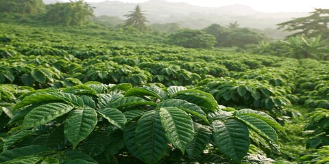 Obraz premium Lush green coffee plantation on a misty morning, showcasing rows of vibrant plants with rolling hills in the background