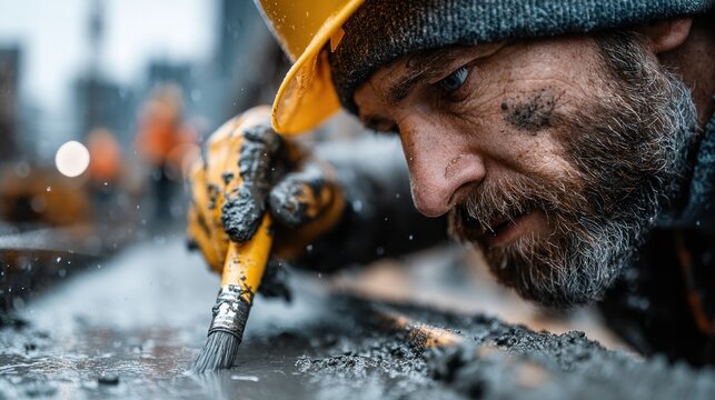 Focused construction worker with mud on face and gloves meticulously works on a wet surface