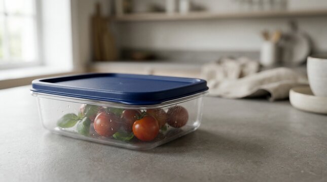Fresh food storage container with tomatoes and greens