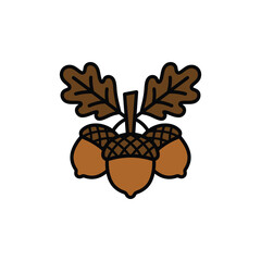 Illustration of three acorns with oak leaves, autumn harvest symbol, seasonal element © lita