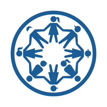 Blue circle emblem of people holding hands, teamwork and unity symbol, diversity and community concept, group cooperation, together