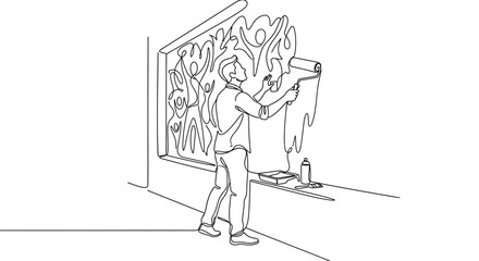 A line art illustration of a young man painting a mural of people on a wall. © sasa