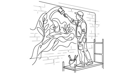 A line art illustration of an artist painting a mural on a brick wall. © sasa