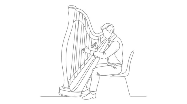 Continuous one line drawing of a male harpist playing musical instrument.