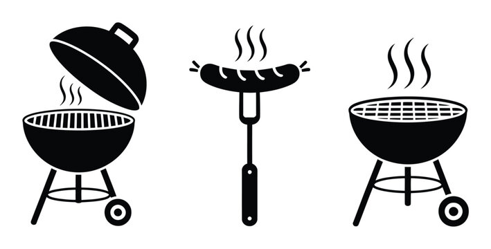 Conjunto en blanco y negro de parrilla de barbacoa y salchicha