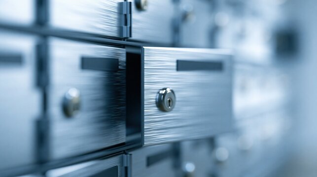 Close-up of secure metal safe deposit boxes with one partially open, highlighting security and storage
