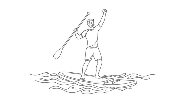 Line art illustration of a happy man standing on a paddle board.