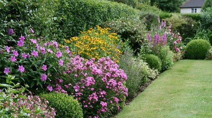 Fototapeta premium Lush English garden borders filled with vibrant pink, purple, and yellow summer flowers and manicured greenery