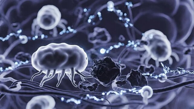 4K Visualization of Microglia Cells in the Brain Cleaning Neural Debris and Interacting as Key Immune Cells in a Microscopic Biological Environment