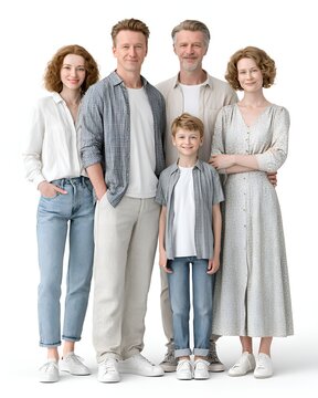 Happy multi-generational family of five smiling together, including grandparents, parents, and a child, standing on a clean white studio background