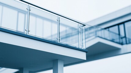 Obraz premium Modern building exterior featuring glass railings and white concrete balconies under a bright sky