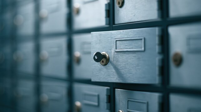 Close-up of a safe deposit box vault with one open compartment and key, symbolizing security and storage