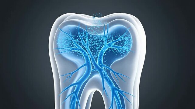 4K Visualization of Root Canal Procedure Highlighting Tooth Anatomy and Pulp with Blue Nerves for Dental Education