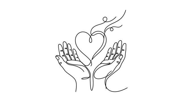 Continuous line art illustration of human hands holding a heart shape.