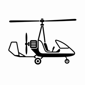 Black and white gyrocopter illustration with rotor and tail.
