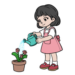 Cartoon little girl watering flowers in pot with watering can illustration PNG