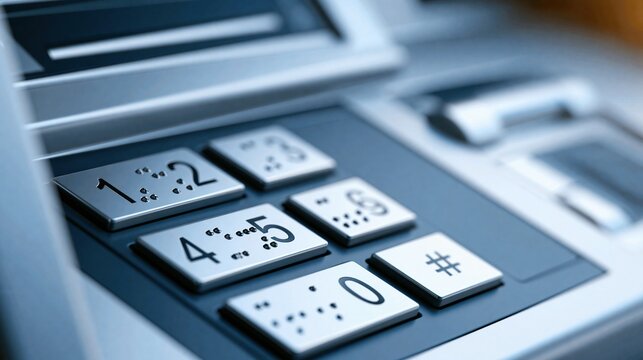 Close-up of a modern ATM keypad with numbers and symbols, representing financial transactions and banking services.