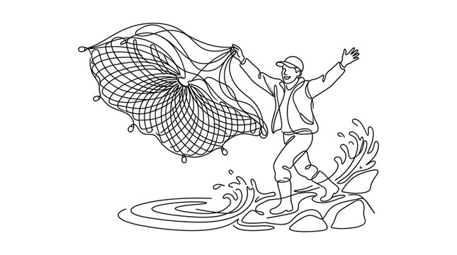 A line art illustration of a fisherman throwing a casting net.