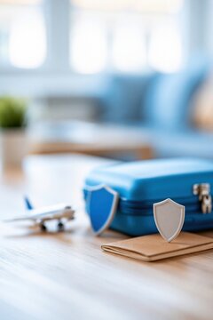Secure Travel Insurance Concept: Airplane Toy, Suitcase, Passport, and Shield Icons on a Table